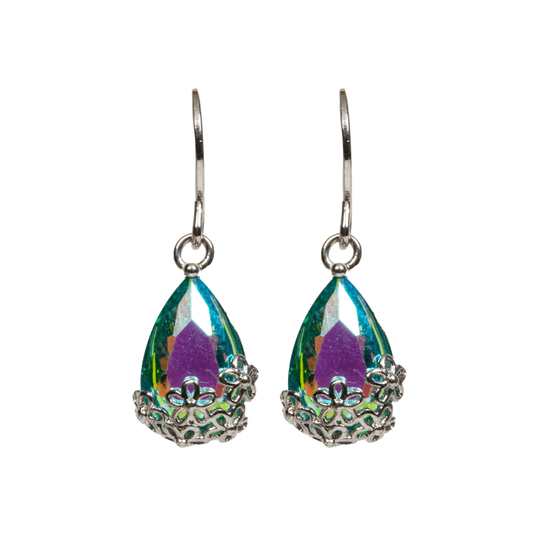 BOUCLES D'OREILLES - Pendantes avec pierre en poire turquoise et mauve sur monture fleurie - 53 Karat